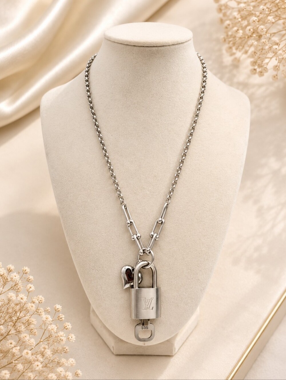 Stainless Steel Silver-Plated Necklace + Authentic Louis Vuitton Lock Pendant